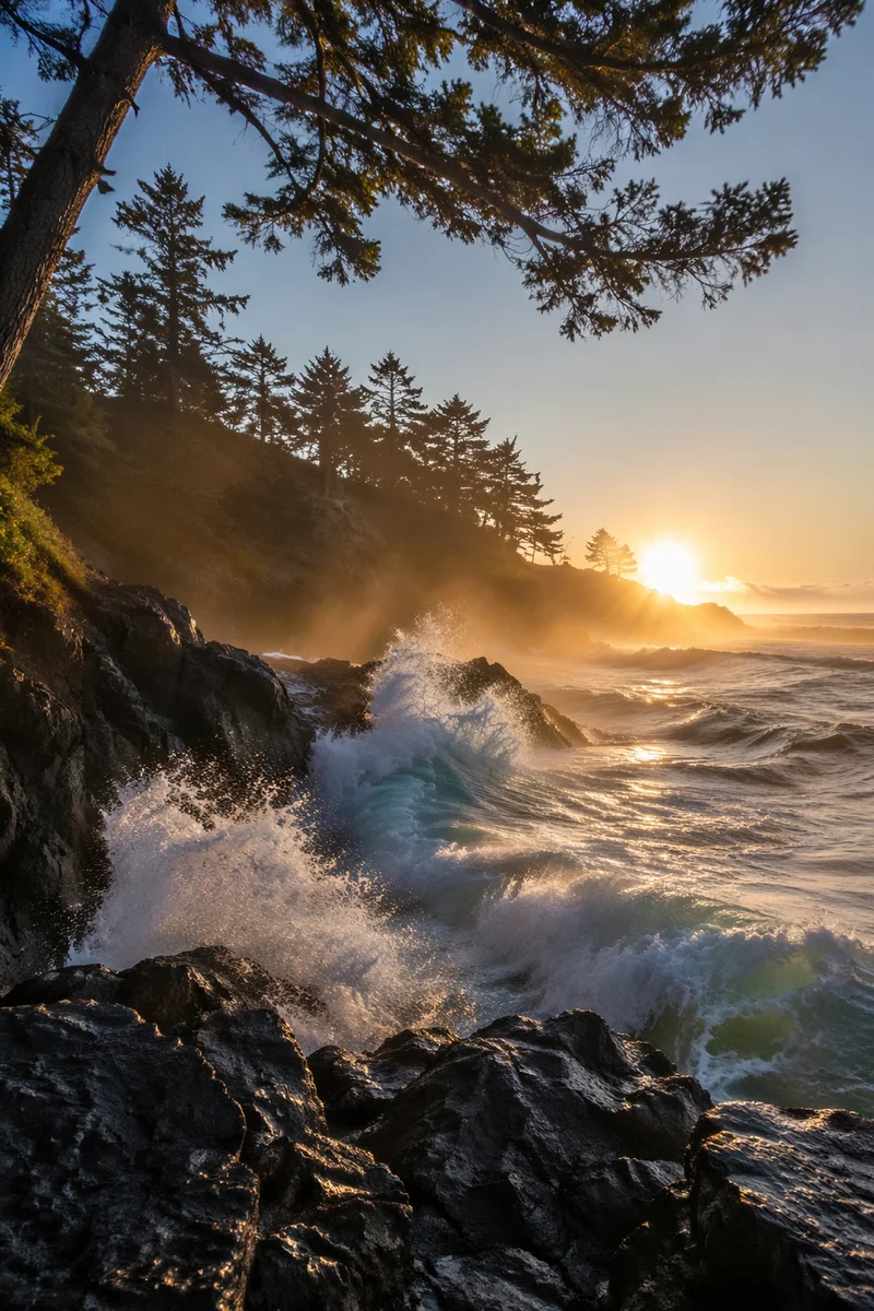 Evergreen Pines Above Crashing Sunrise Waves