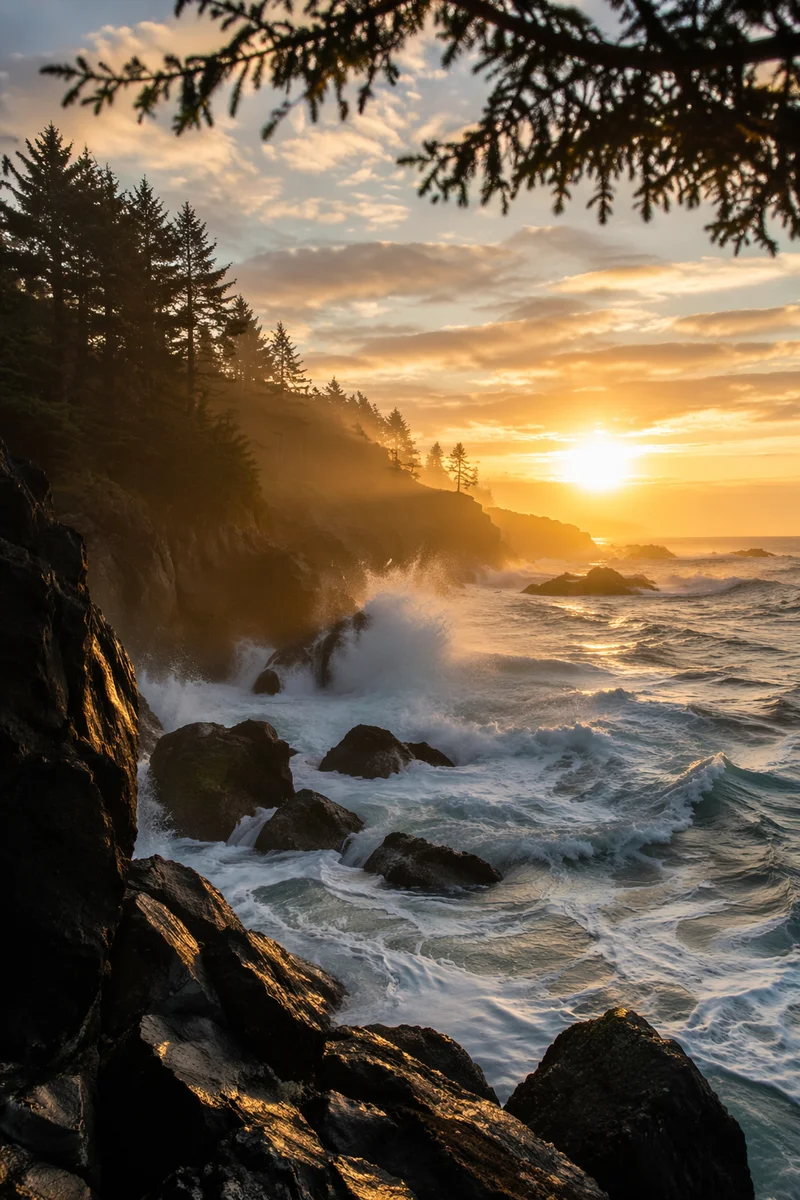 Evergreen Cliffs and Sunrise Ocean Waves