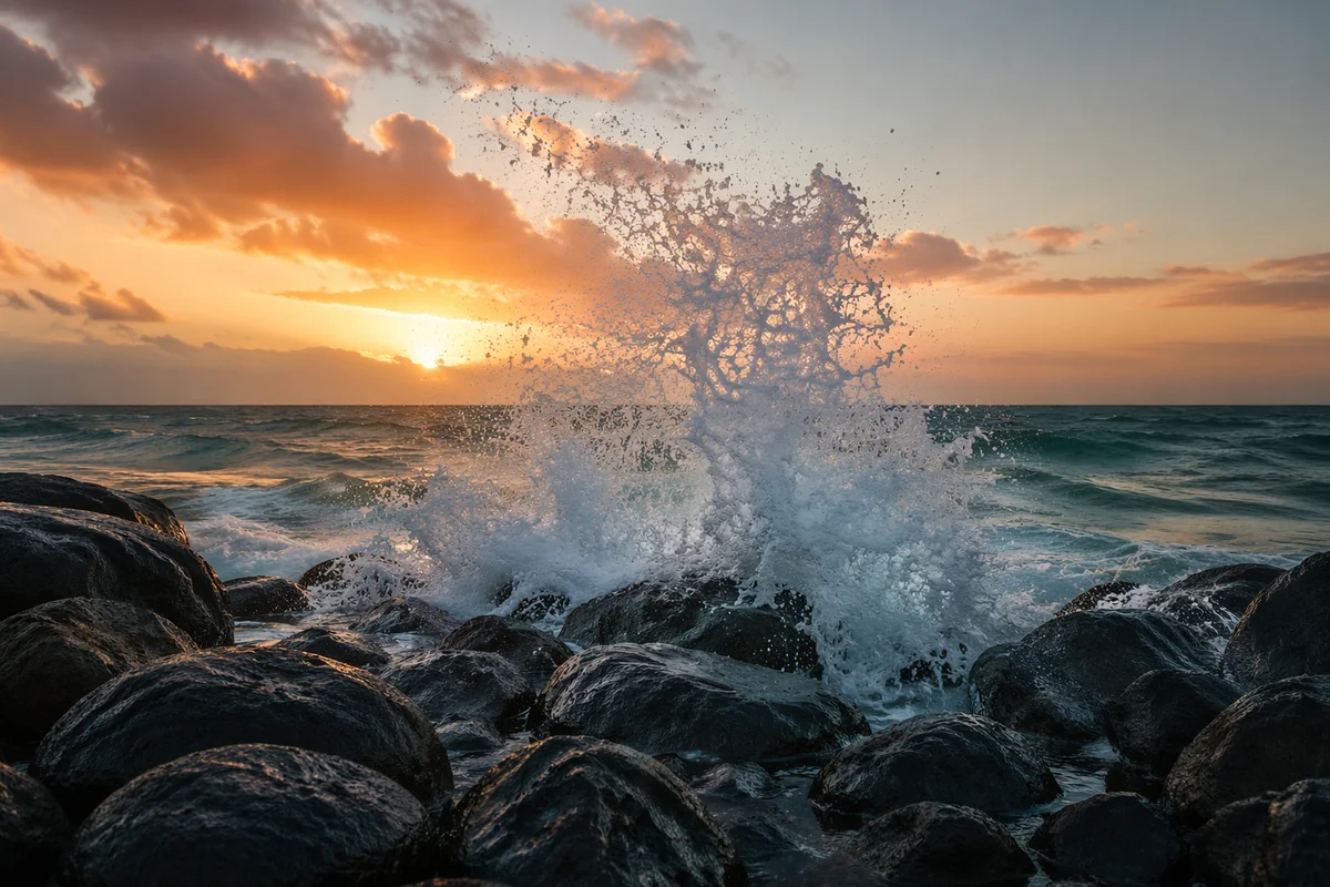 Sunrise Waves Crashing on Volcanic Rocks