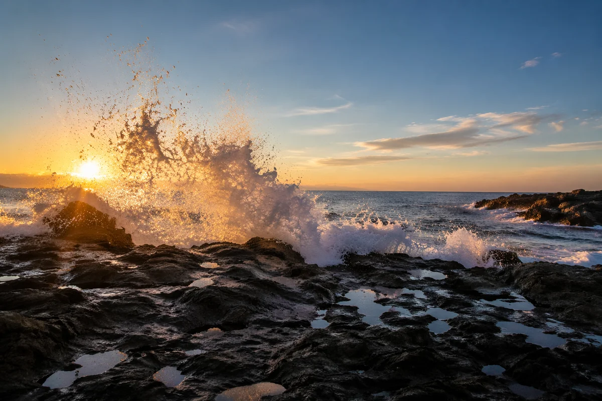 Dramatic Sunrise Waves Over Rugged Coastal Rocks