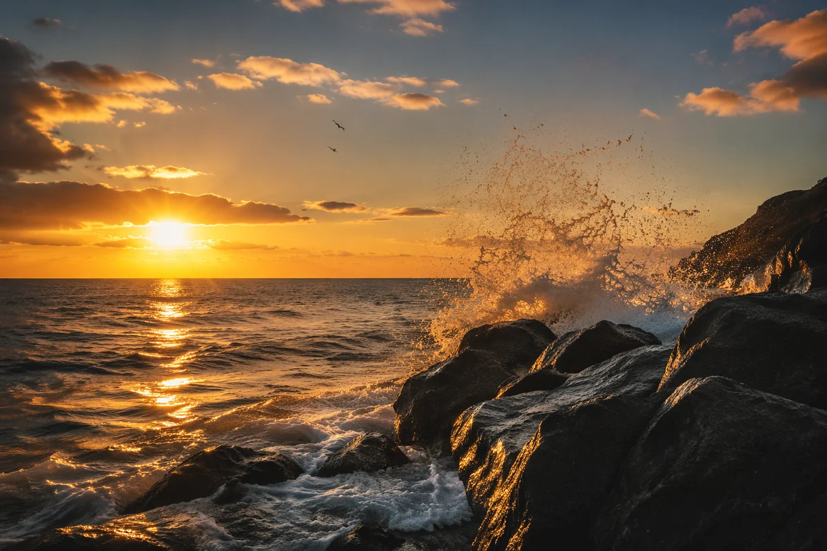 Golden Sunrise Waves Over Rugged Shoreline Rocks