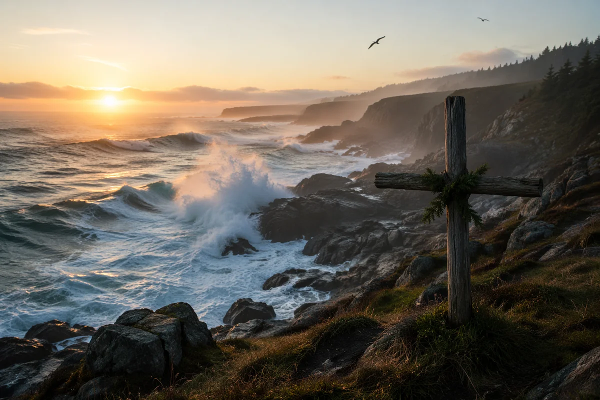 Driftwood Cross Over Sunrise Ocean Waves