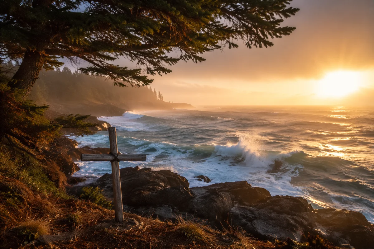 Driftwood Cross on Evergreen Sunrise Coast