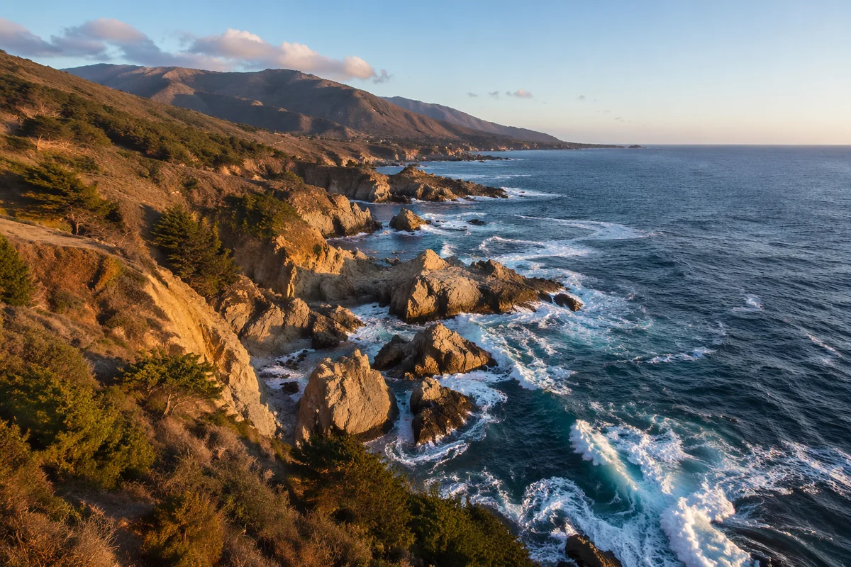 Sunrise Waves Along Rugged Evergreen Coast