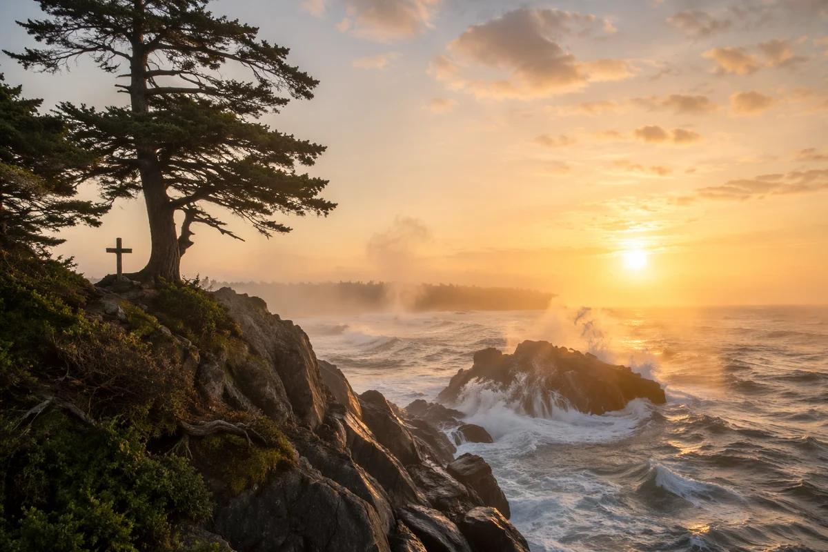 Evergreen Cross Above Crashing Sunrise Waves