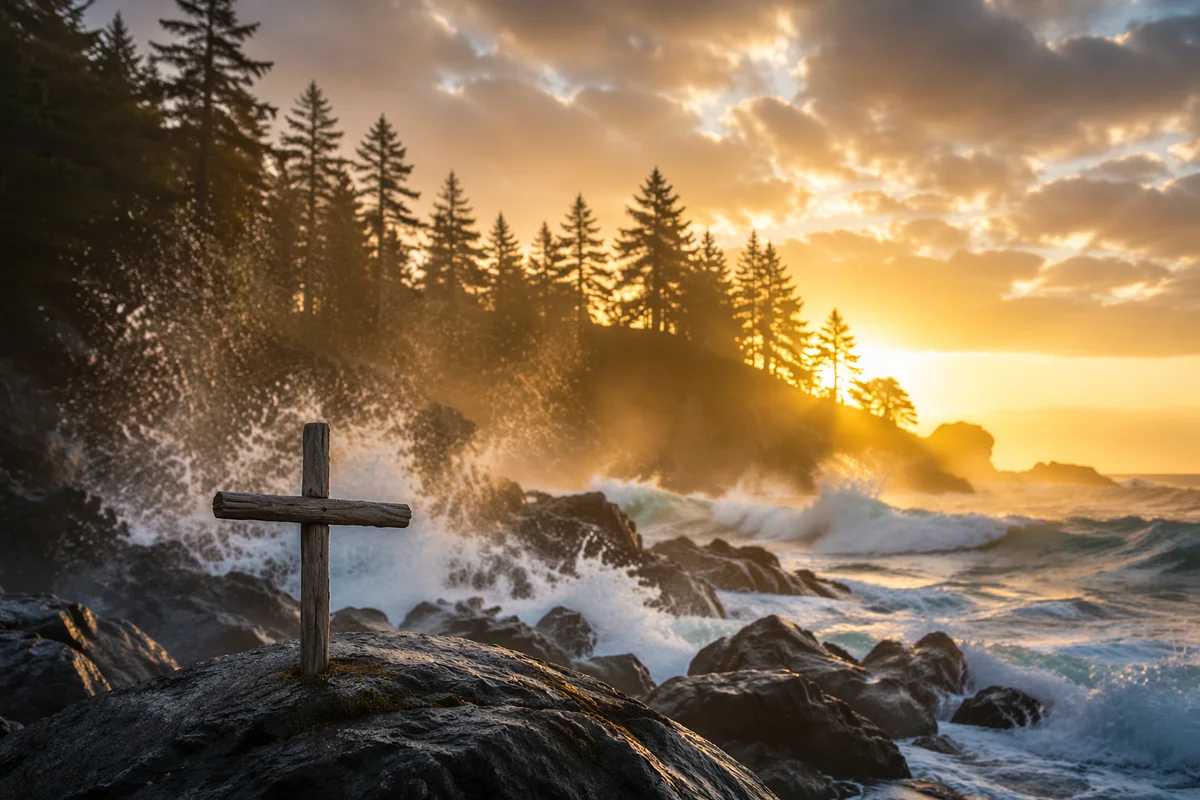Driftwood Cross at Stormy Coastal Sunrise