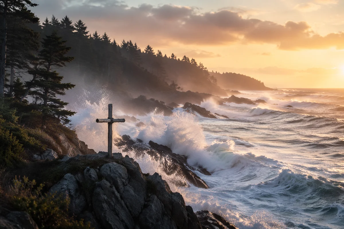 Driftwood Cross Above Stormy Sunrise Waves