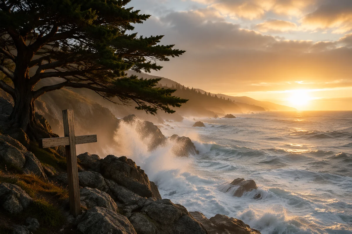Evergreen Cross at Stormy Coastal Sunrise