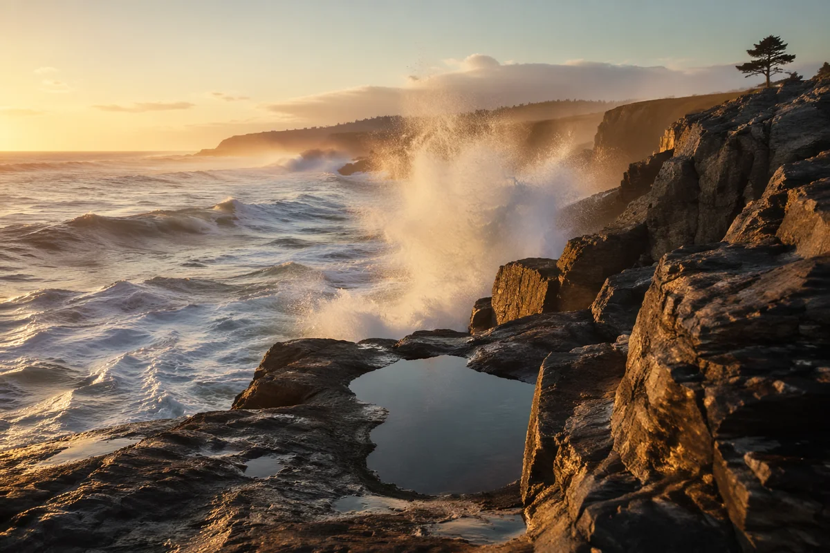 Sunrise Waves Crashing on Evergreen Coast