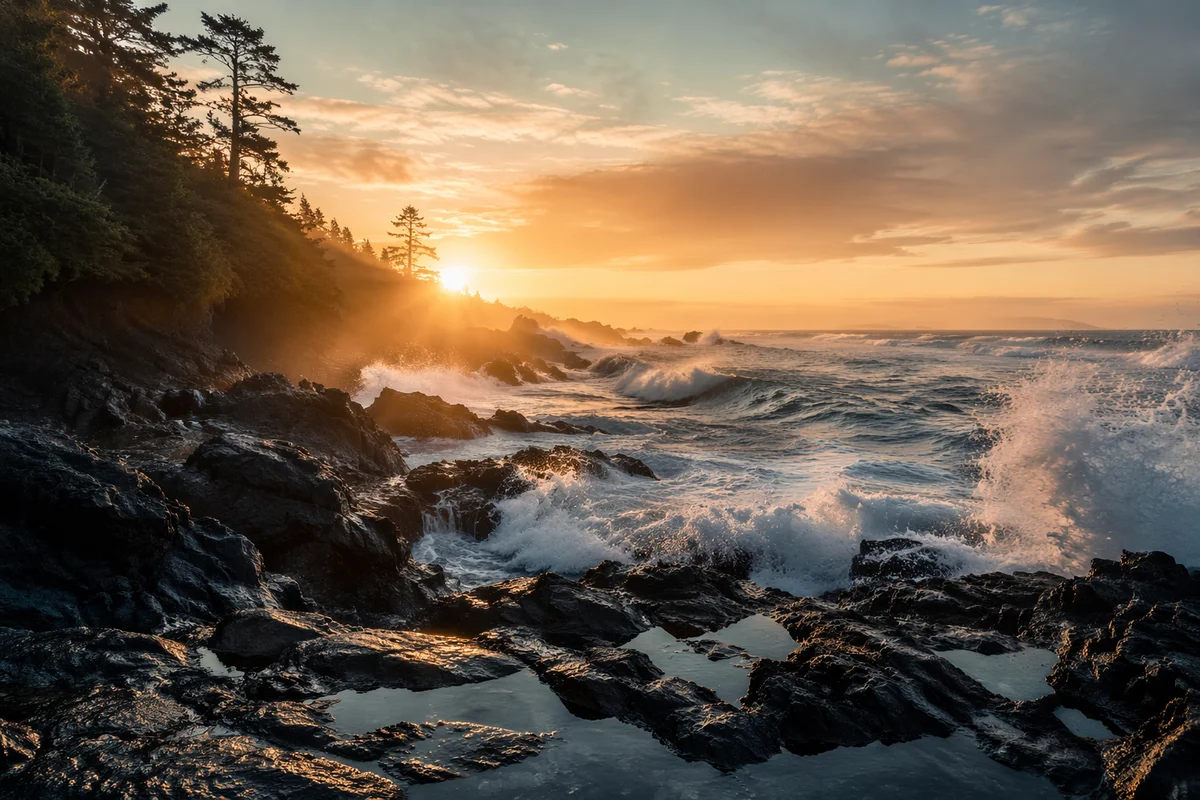 Sunrise Waves Crashing Beneath Evergreen Bluffs