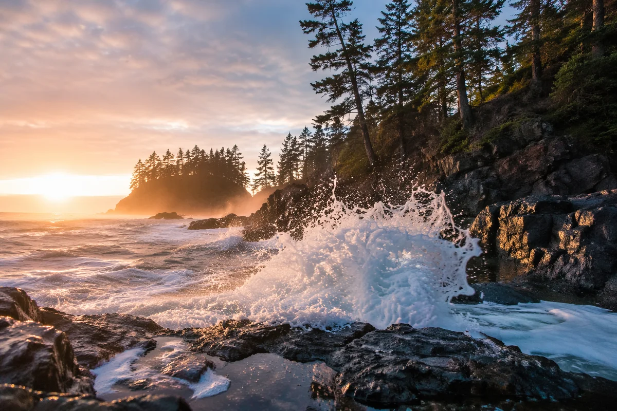 Sunrise Waves on Evergreen Rocky Coast