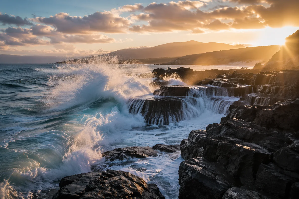 Sunrise Waves Crashing on Volcanic Shore