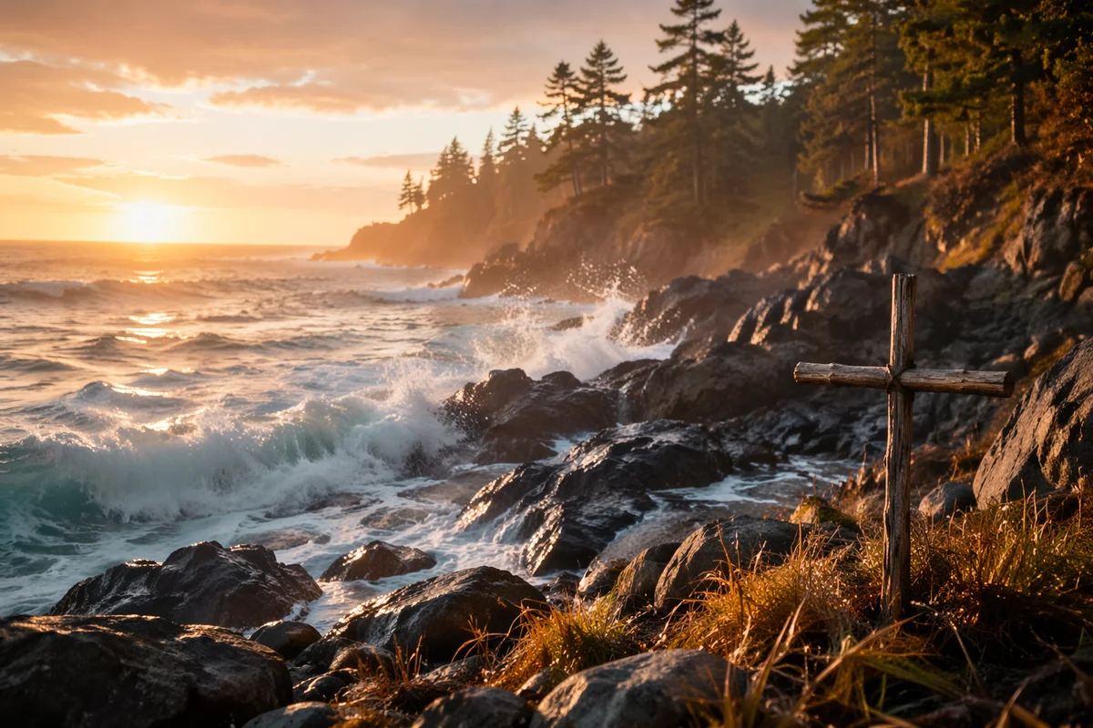 Sunrise Waves and Evergreen Cross