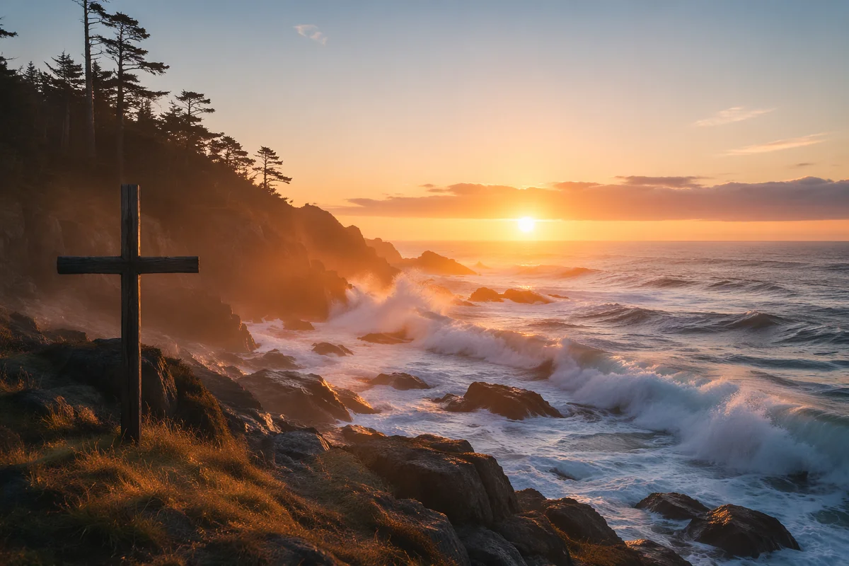 Driftwood Cross Over Stormy Sunrise Waves