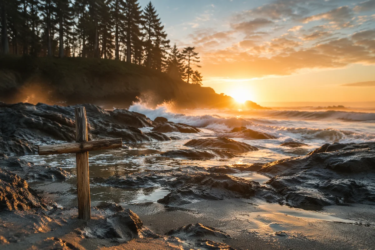 Driftwood Cross by Sunrise Ocean Waves
