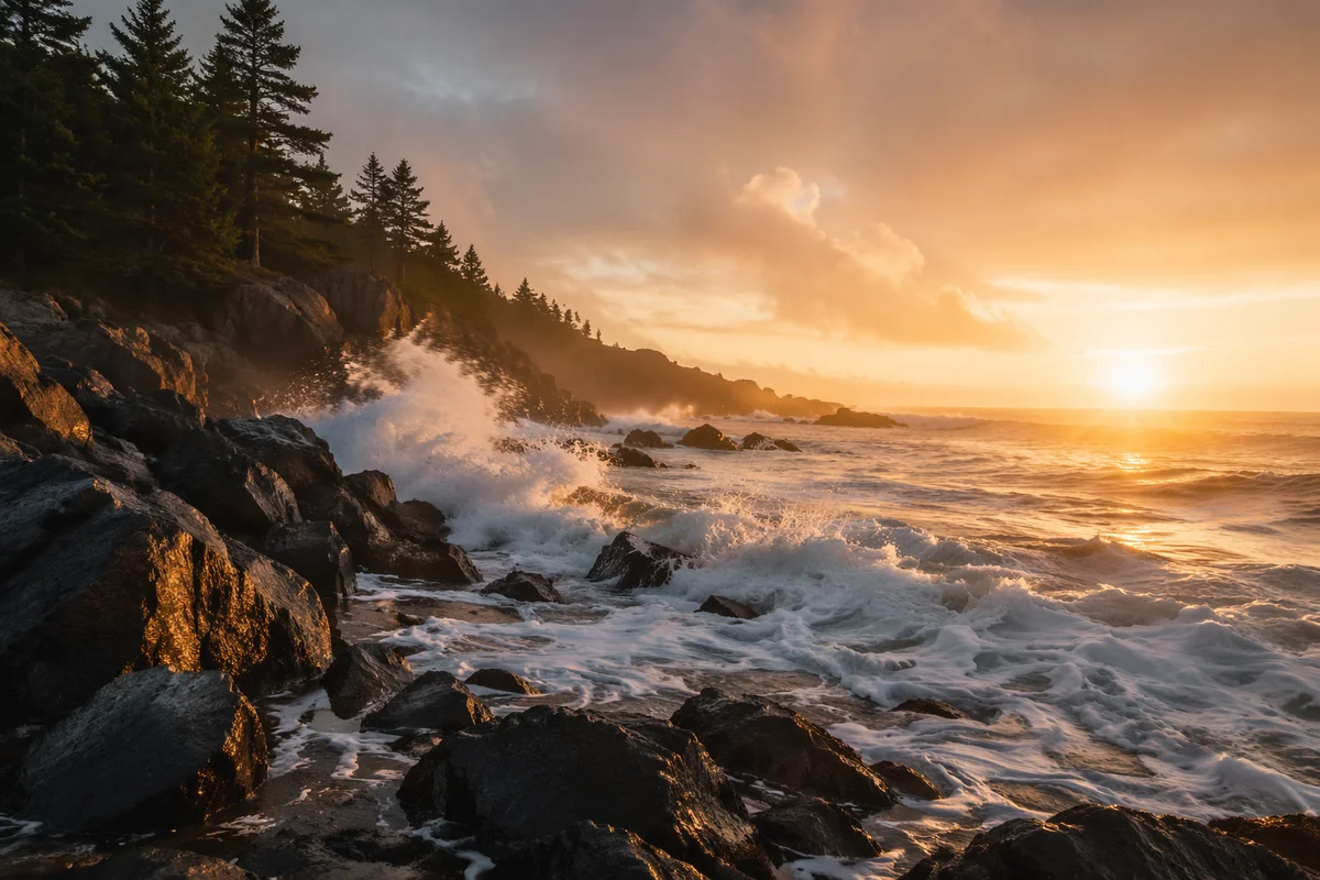 Evergreen Pines Above Sunrise Ocean Waves