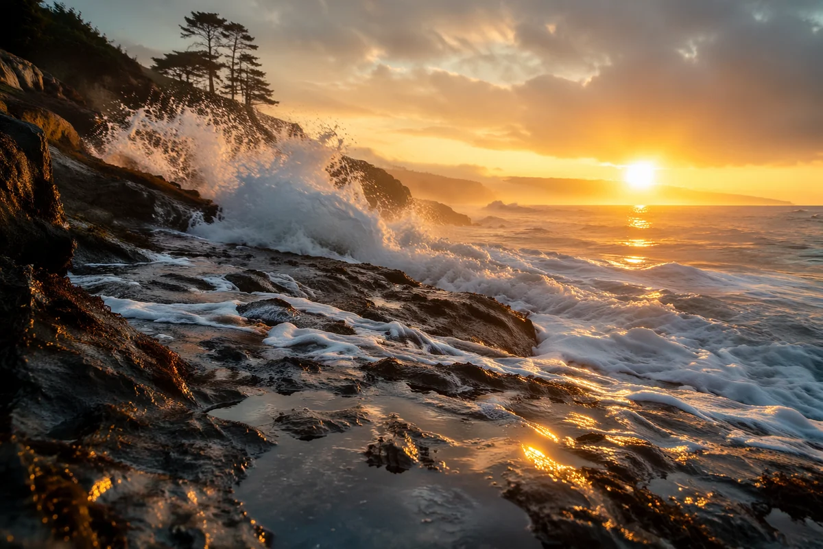 Evergreen Cliffs and Crashing Waves at Sunrise