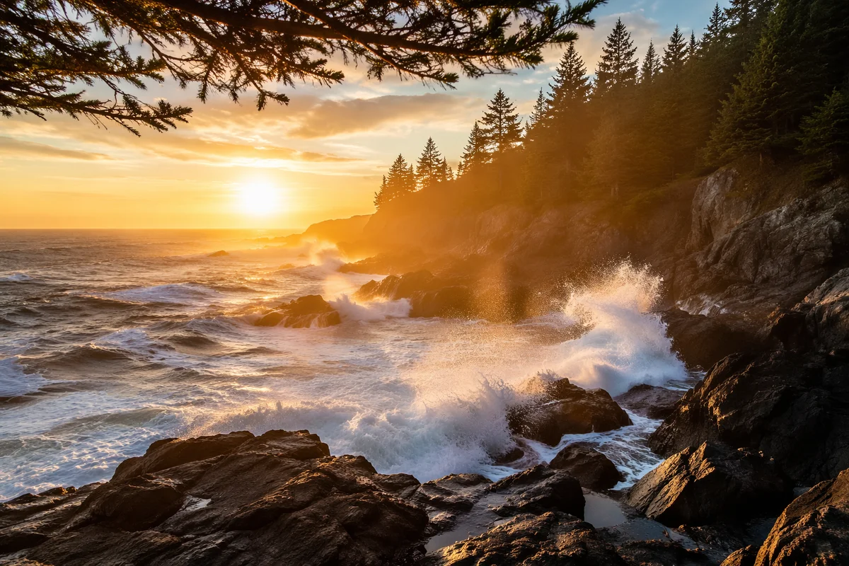 Evergreen Cliffs and Crashing Waves at Sunrise