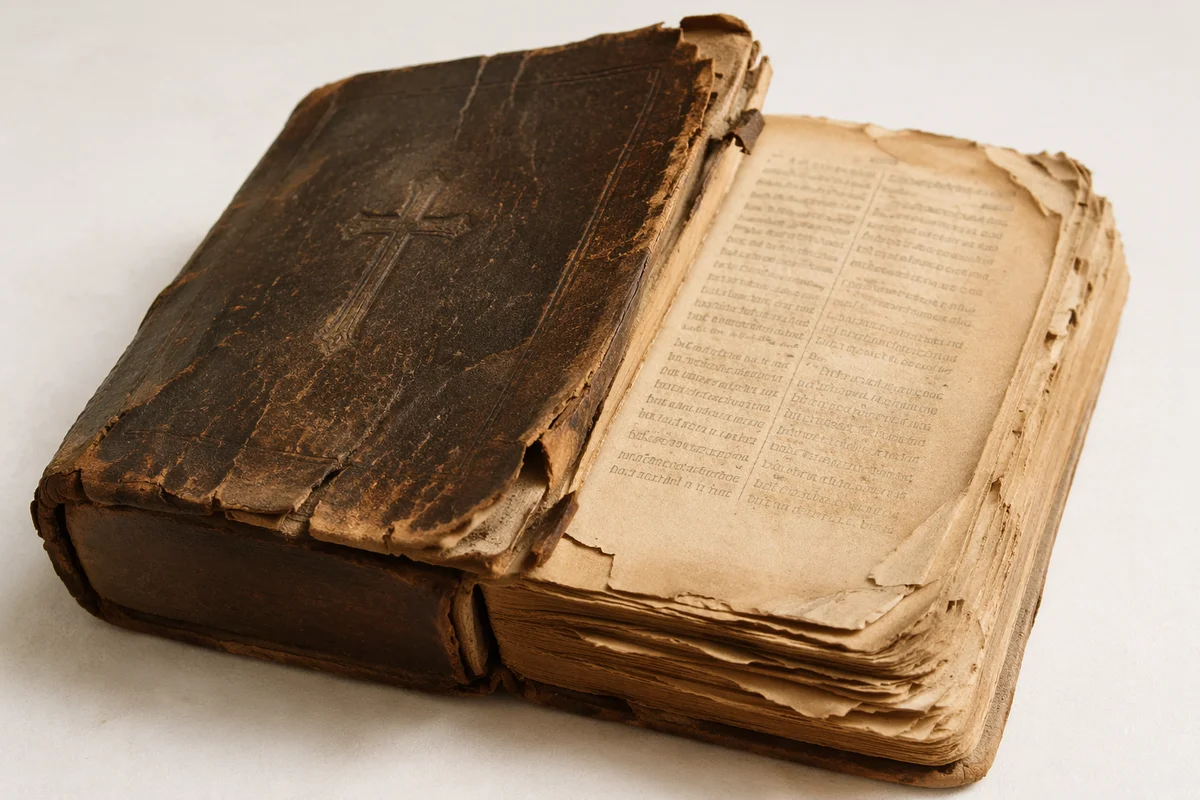 Antique Worn Bible on White Surface
