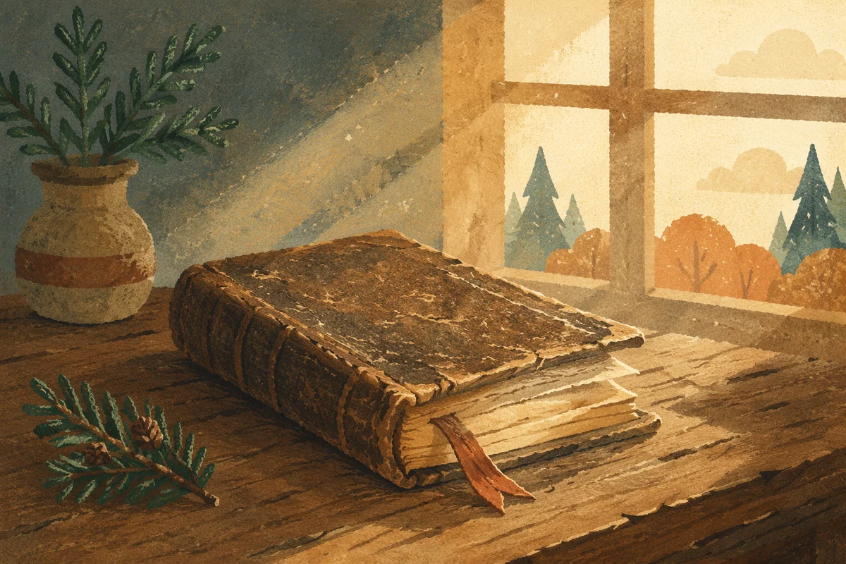 Old Worn Bible with Evergreen Sprig