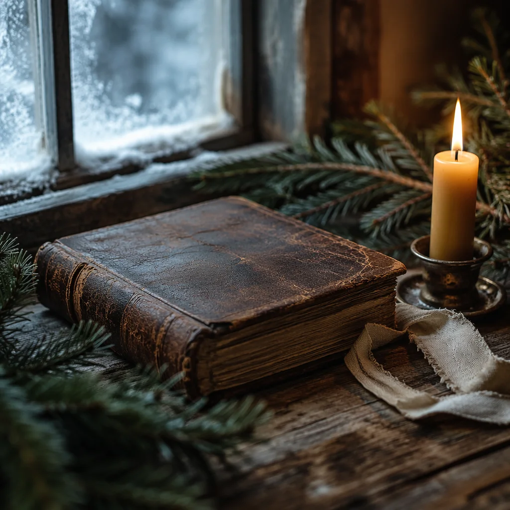 Worn Vintage Bible with Evergreen Candlelight