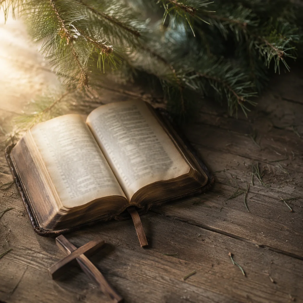 Old Worn Bible Beneath Evergreen Branches
