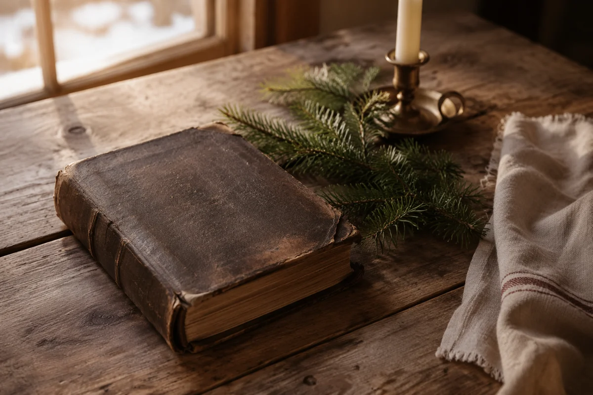 Old Worn Bible with Evergreen Sprigs