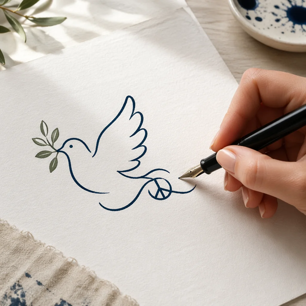 Hand Drawing Dove With Olive Branch