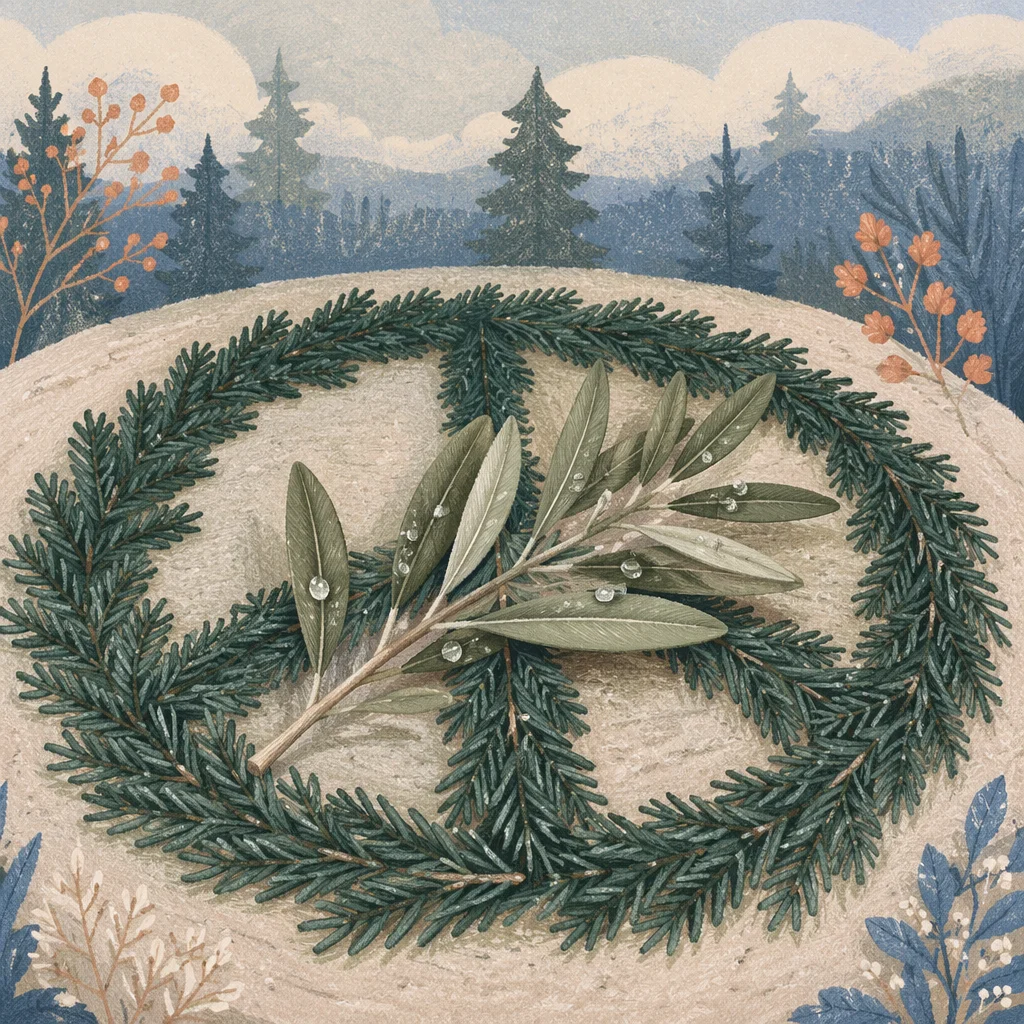 Olive Branch Peace Symbol on Evergreen Boughs