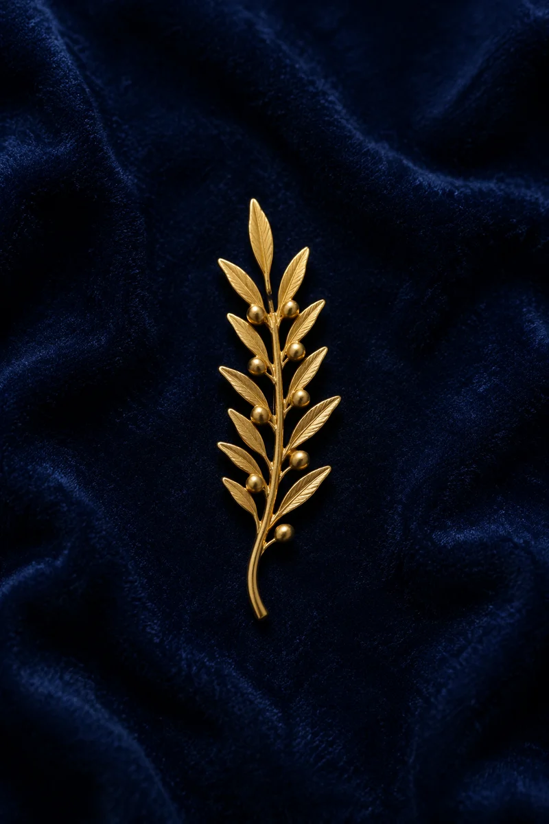 Gold Olive Branch Peace Pin on Navy Velvet