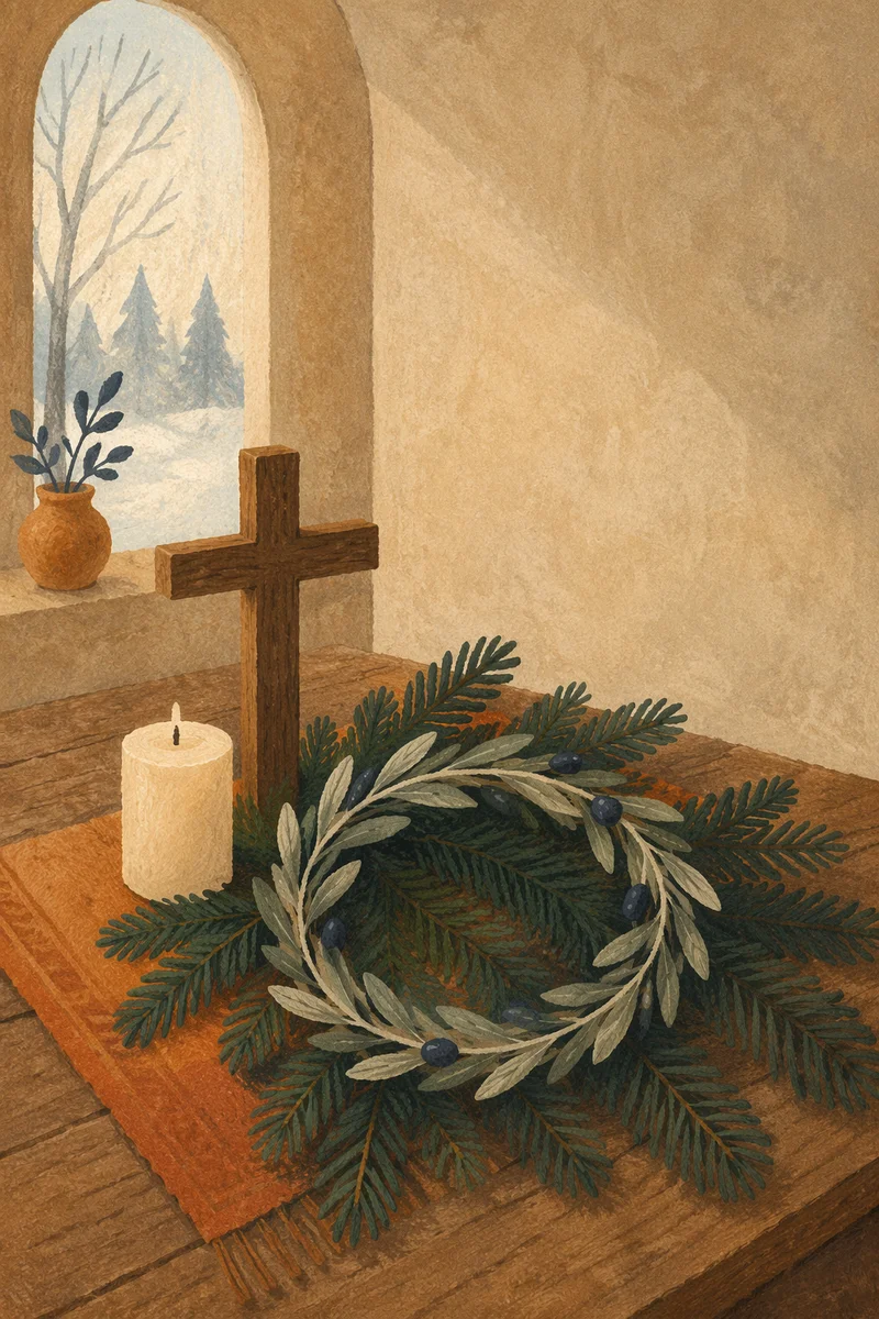 Olive Branch Peace Motif with Evergreen Cross