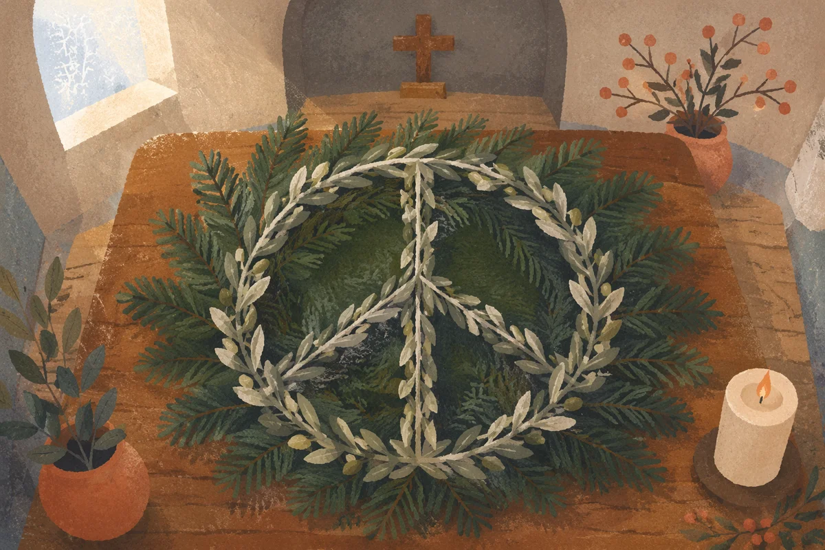 Olive Branch Peace Symbol on Evergreen Boughs