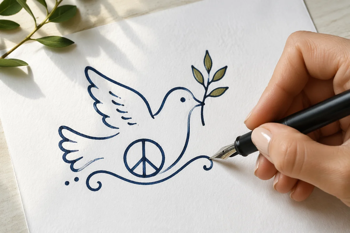 Hand Drawing Dove with Olive Branch