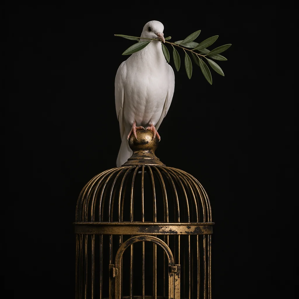 White Dove with Olive Branch on Golden Cage