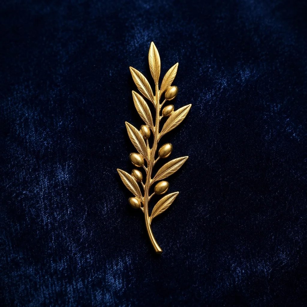 Gold Olive Branch Peace Pin on Navy Velvet