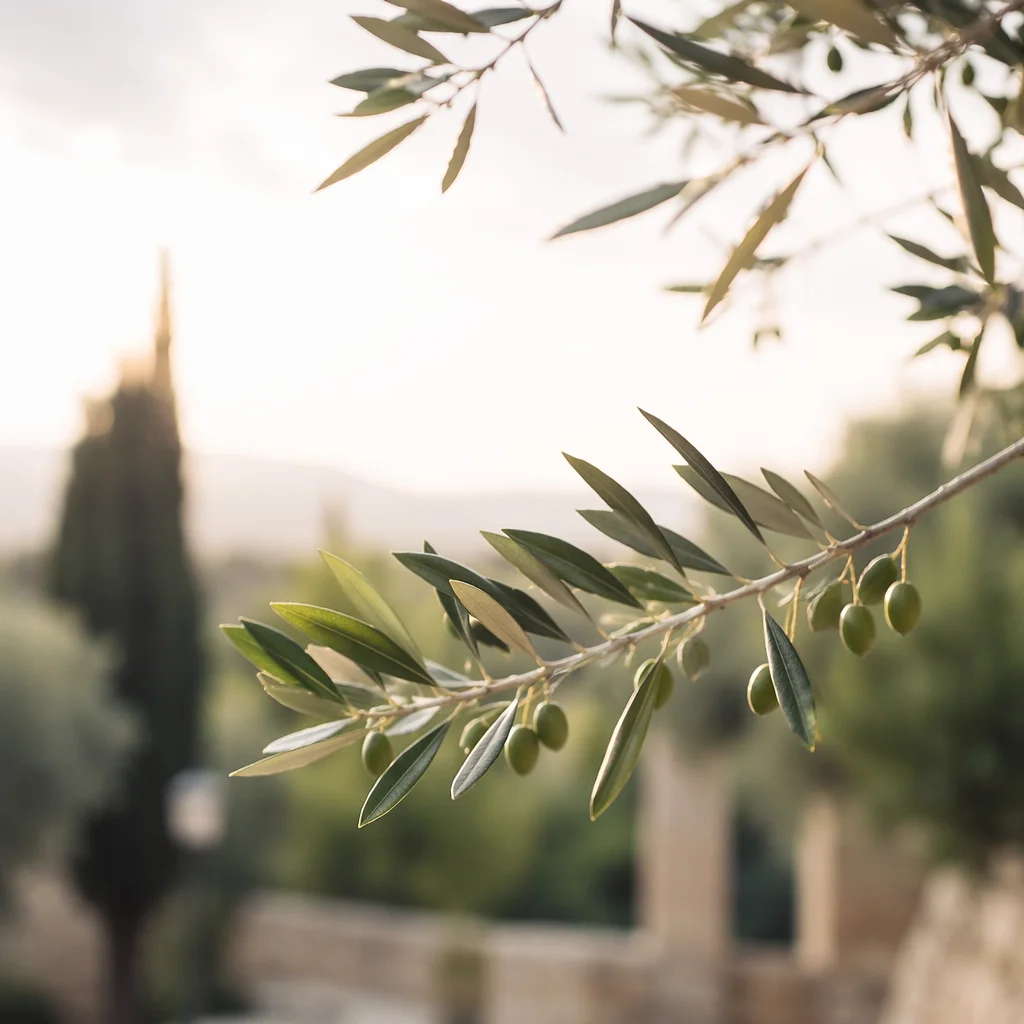 Sunlit Olive Branch in Peaceful Garden