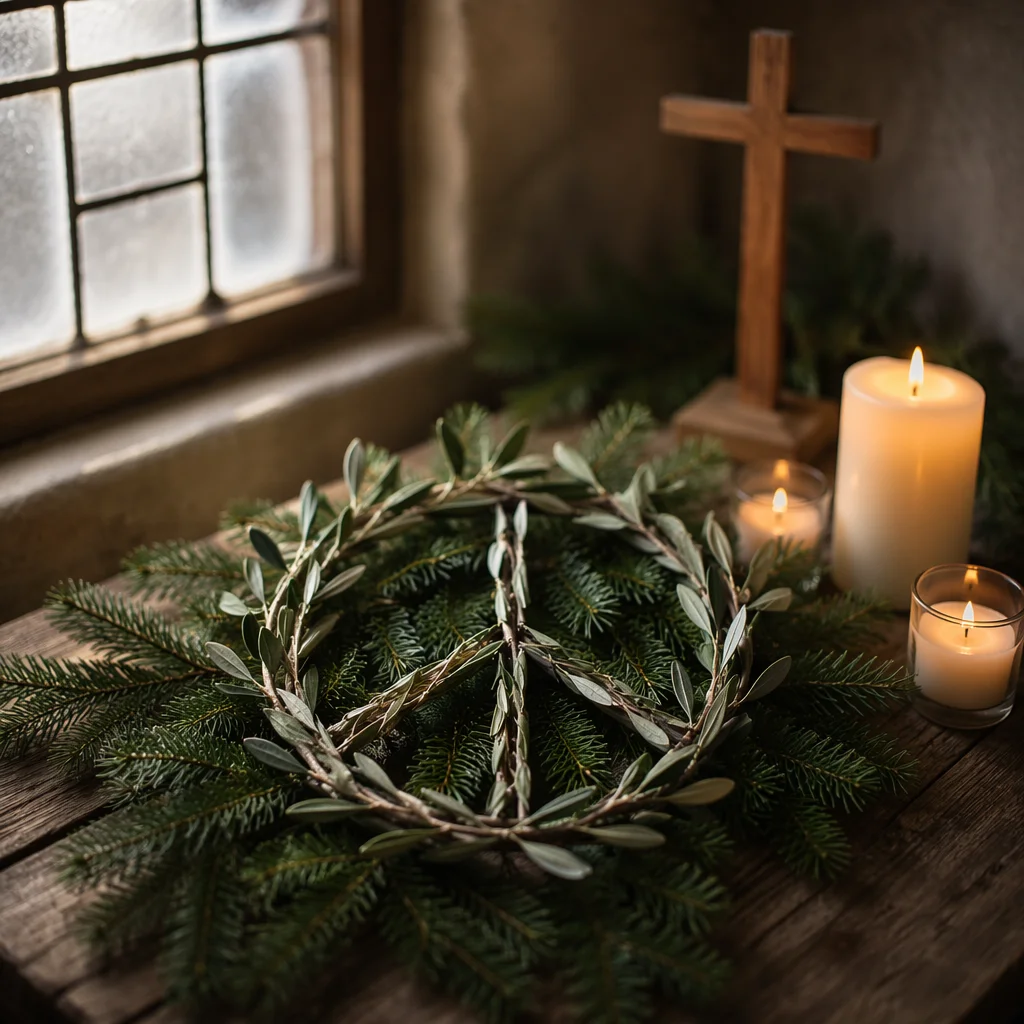 Olive Branch Peace Symbol in Candlelit Chapel