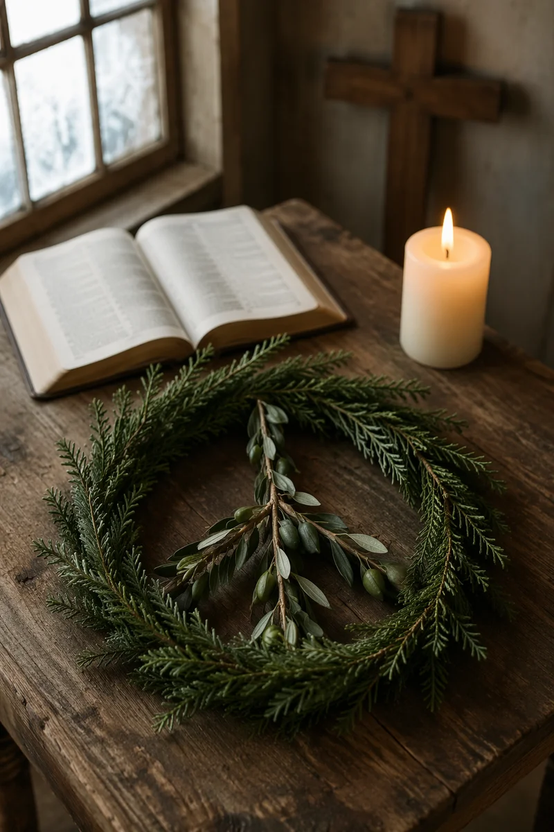 Olive Branch Peace Wreath in Rustic Chapel