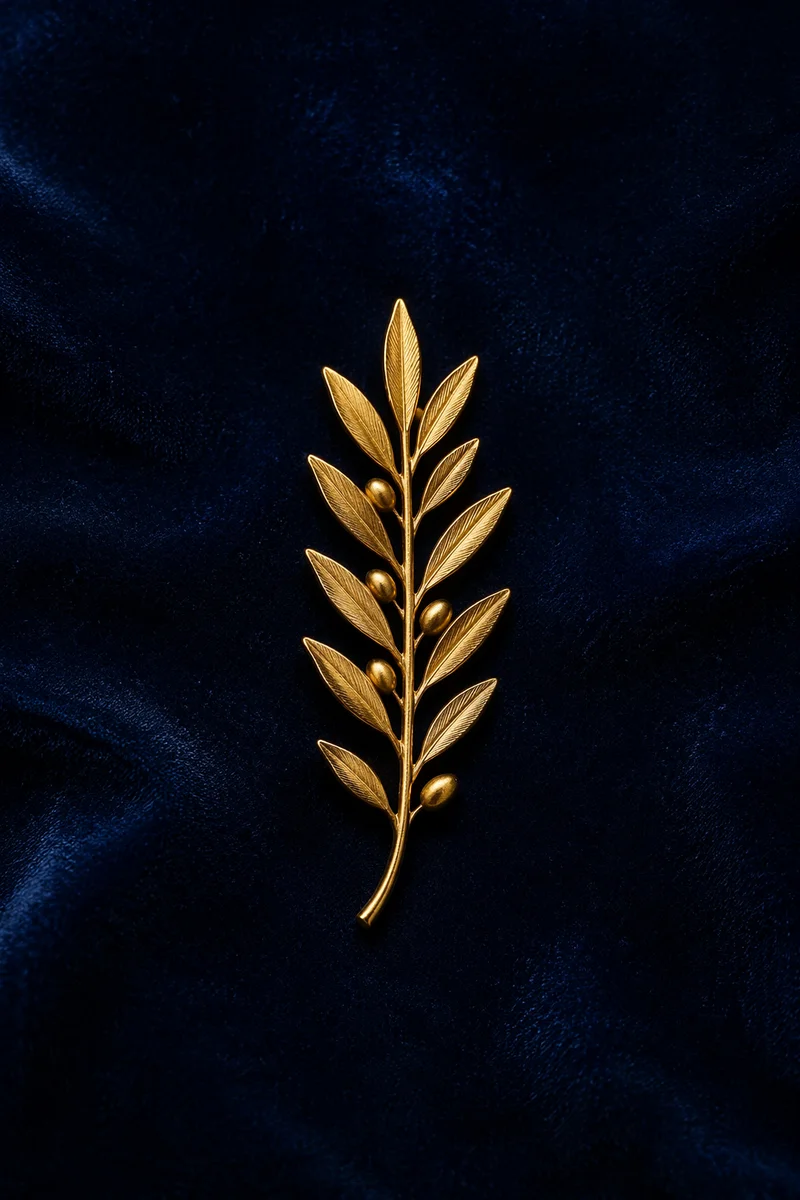Gold Olive Branch Peace Pin on Navy Velvet