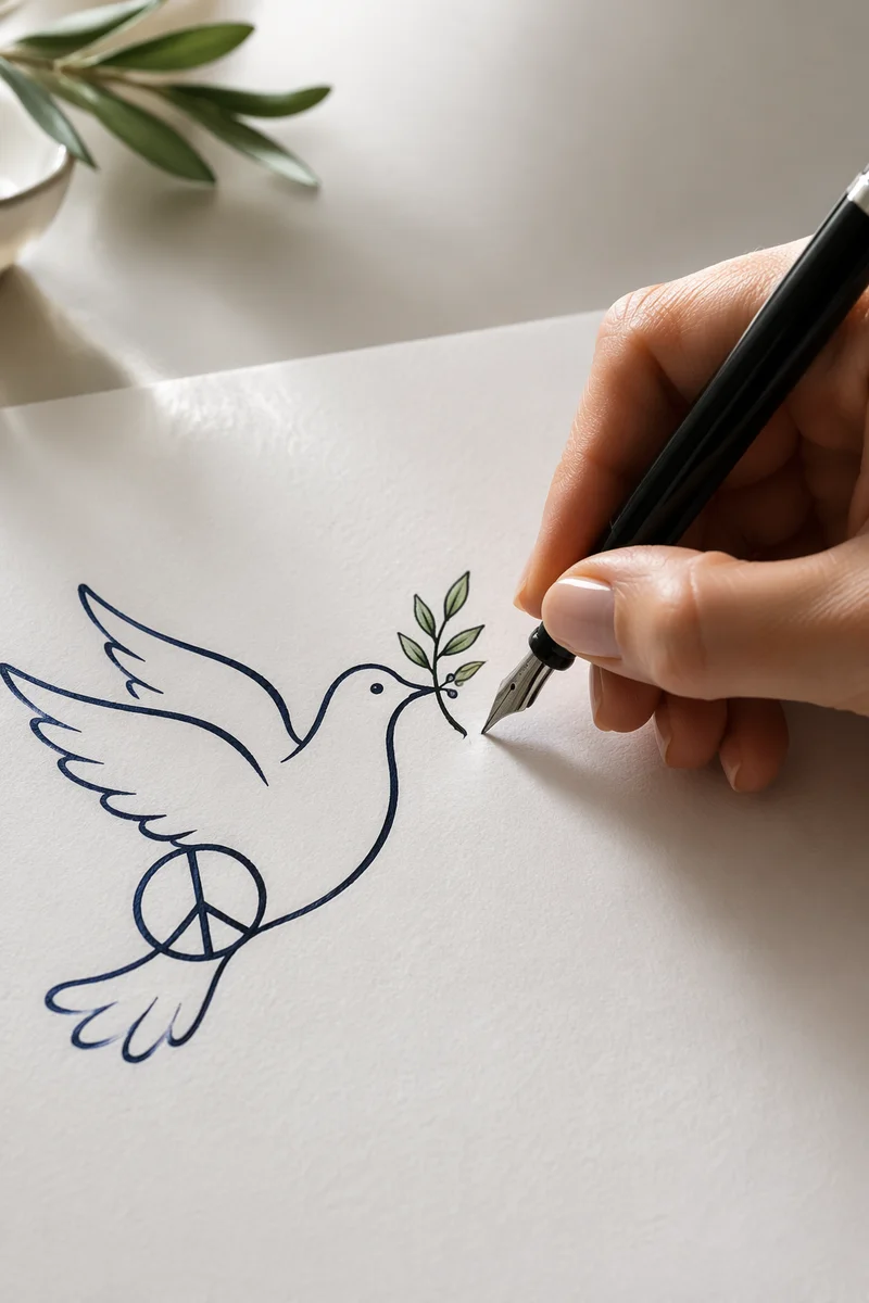 Hand Drawing Dove With Olive Branch