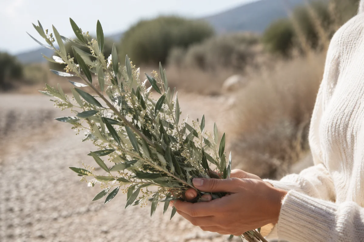 Hands Holding Evergreen Olive Branch Bouquet