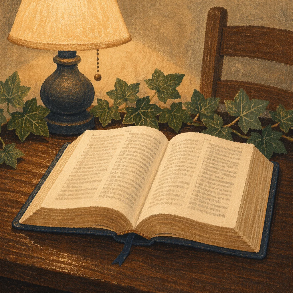 Open Bible with Evergreen Ivy on Wooden Table