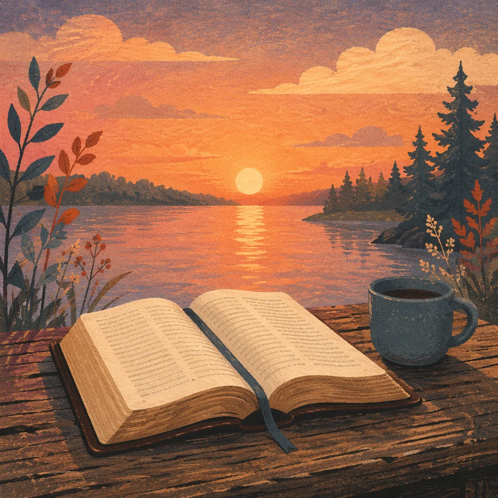 Open Bible by Calm Lake Sunset