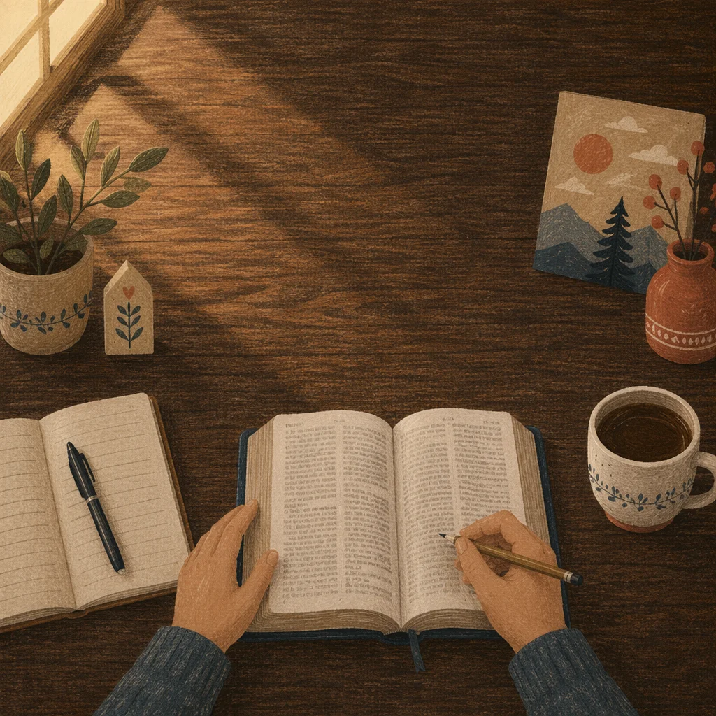 Open Bible on Wooden Table