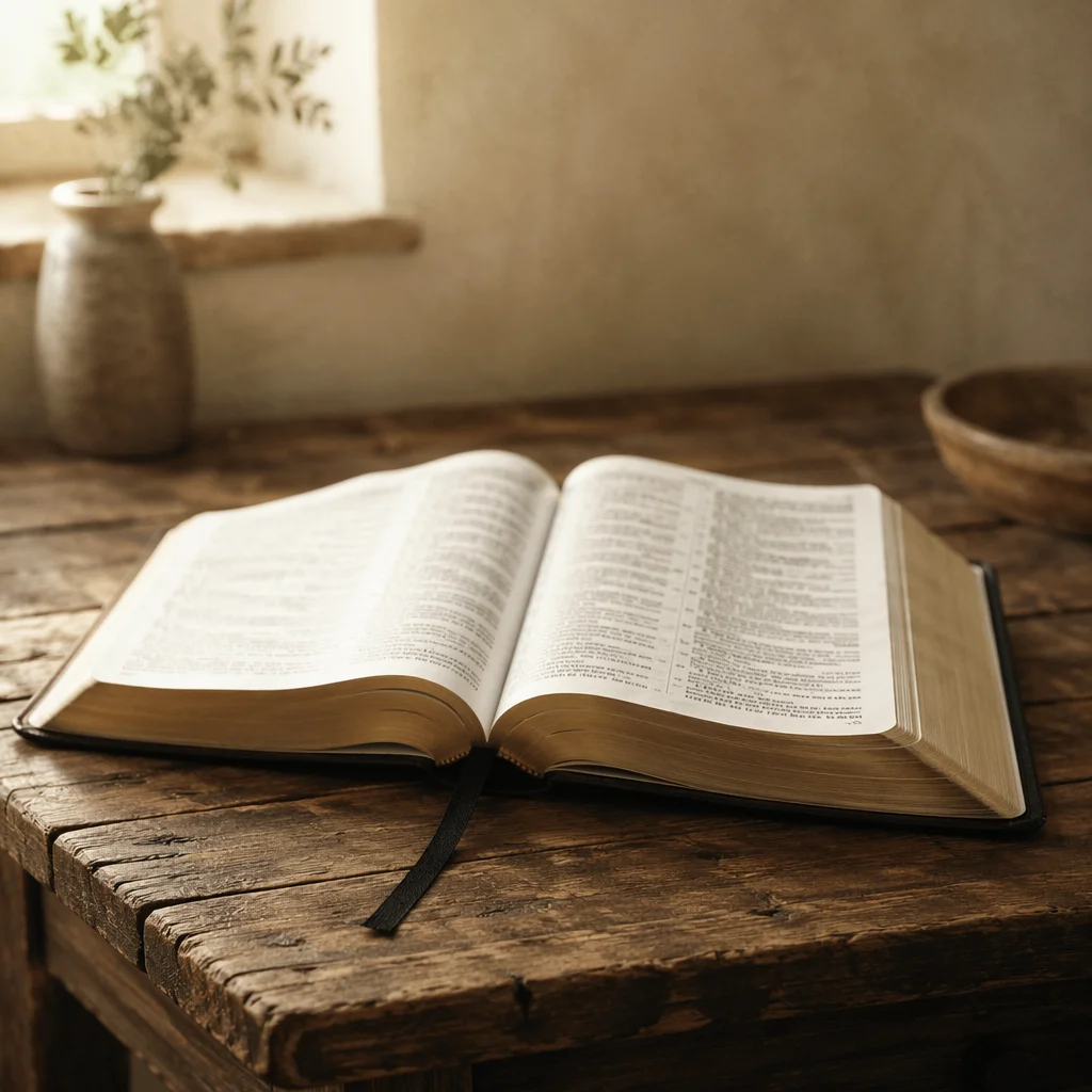 Open Bible on Rustic Wooden Table