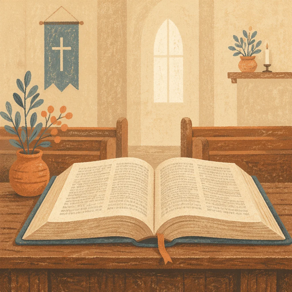 Open Bible on Rustic Chapel Table