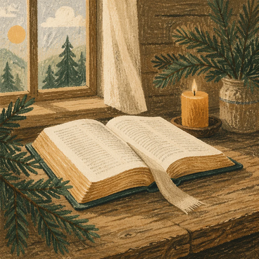 Open Bible with Evergreen and Candle
