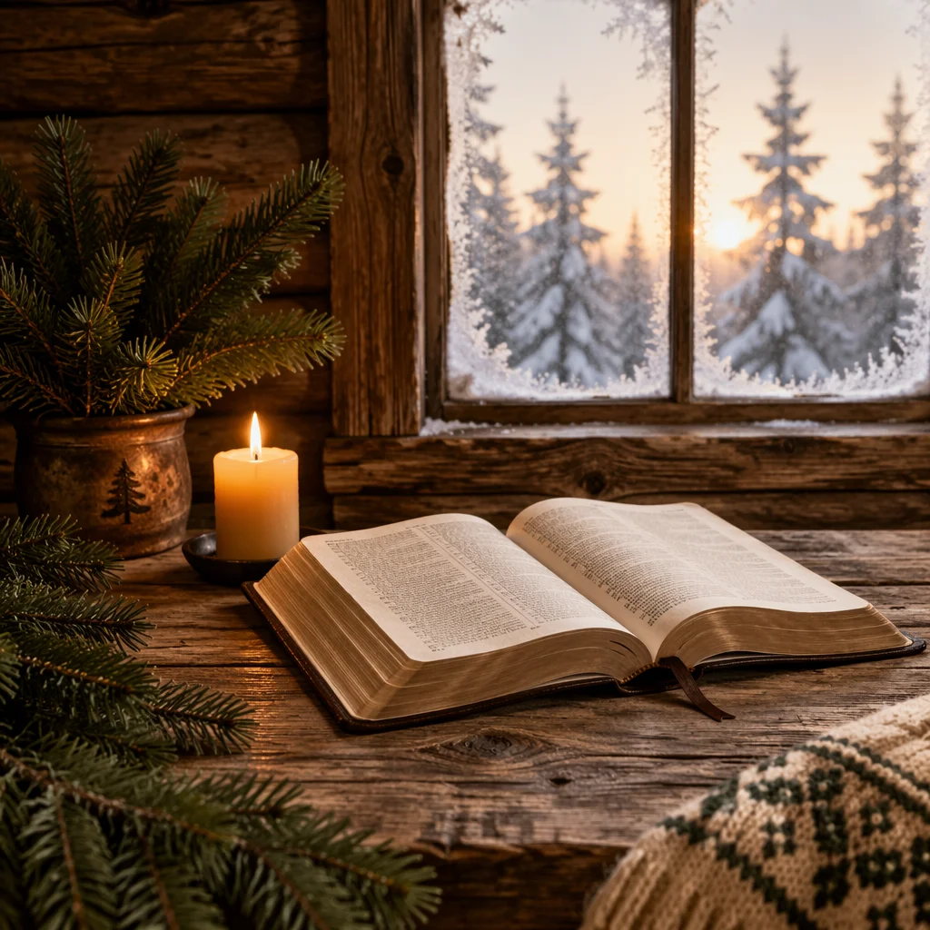 Open Bible with Evergreen and Candle
