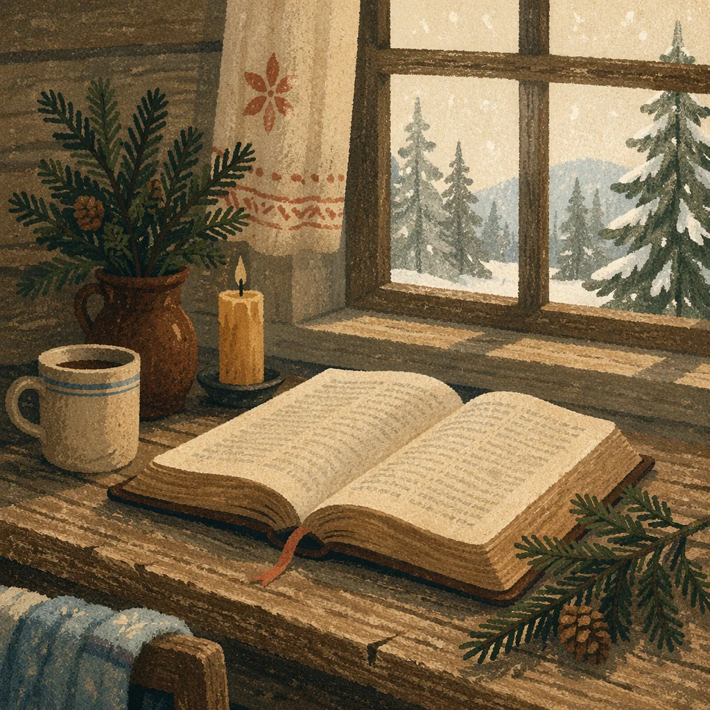Open Bible with Evergreen Winter Candle