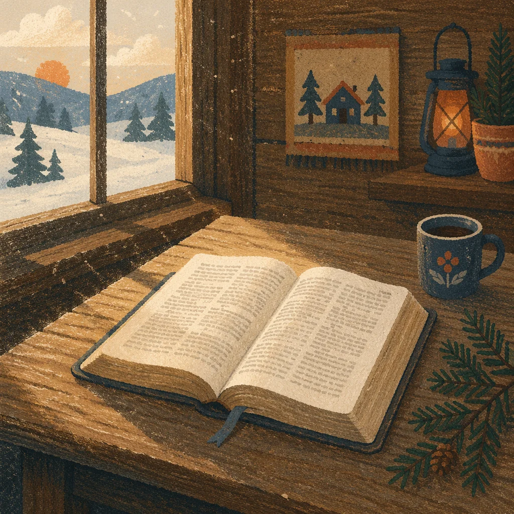 Open Bible with Evergreen on Rustic Table